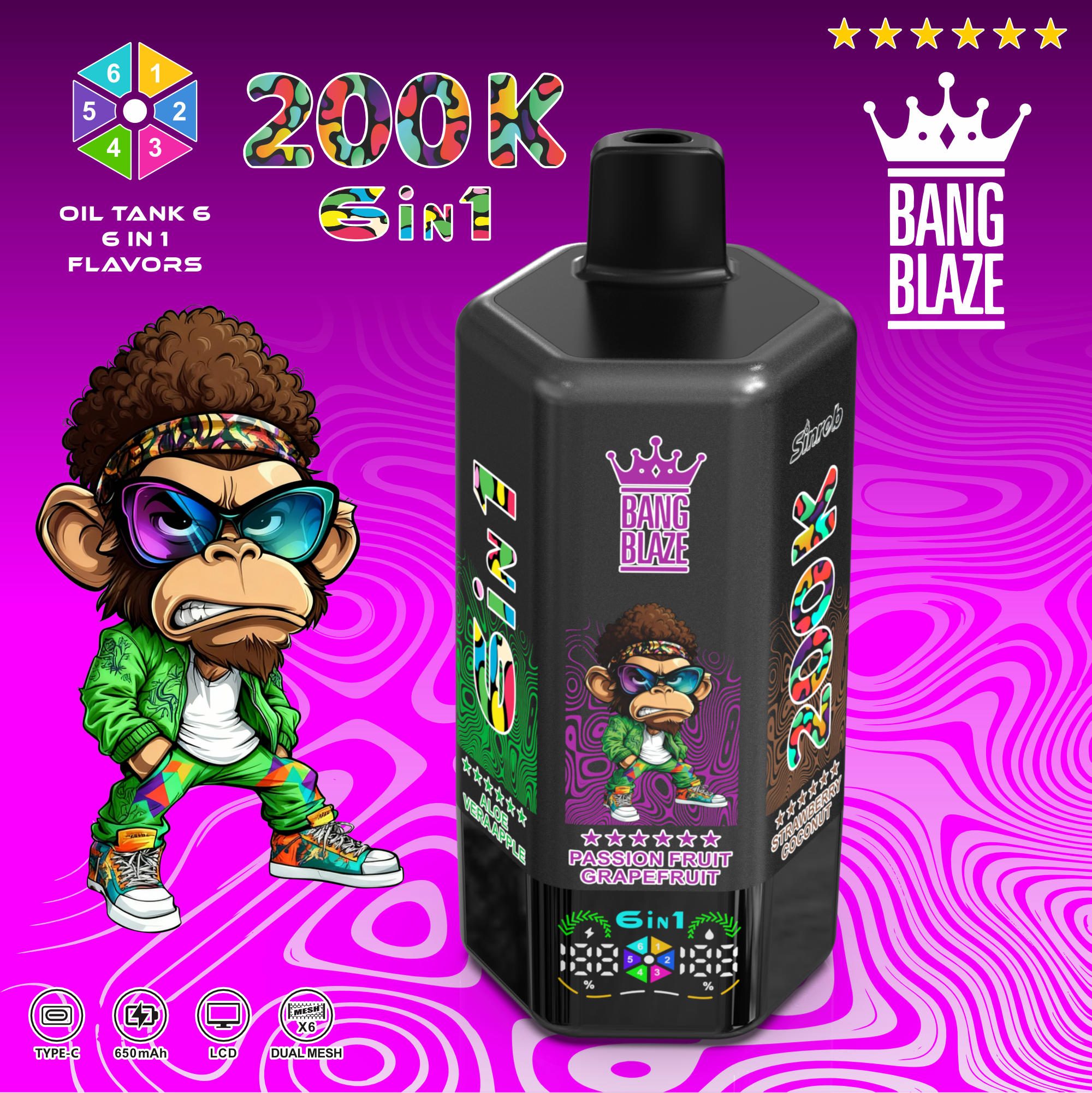 Bang Blaze 200000 200K Puffs 6 in 1 Flavors & 6 oil tanks Rechargeable LCD Display Disposable Vape - Image 6