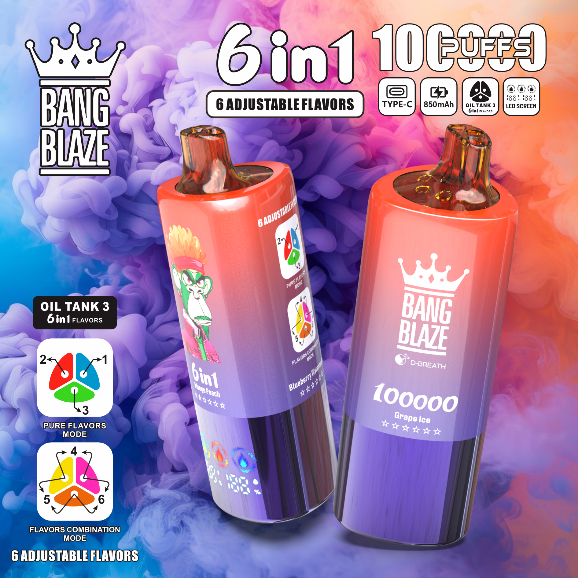 Bang Blaze 100000 100K Puffs 6 in 1 Flavors Newest Original Rechargeable LED Display Disposable Vape - Image 7