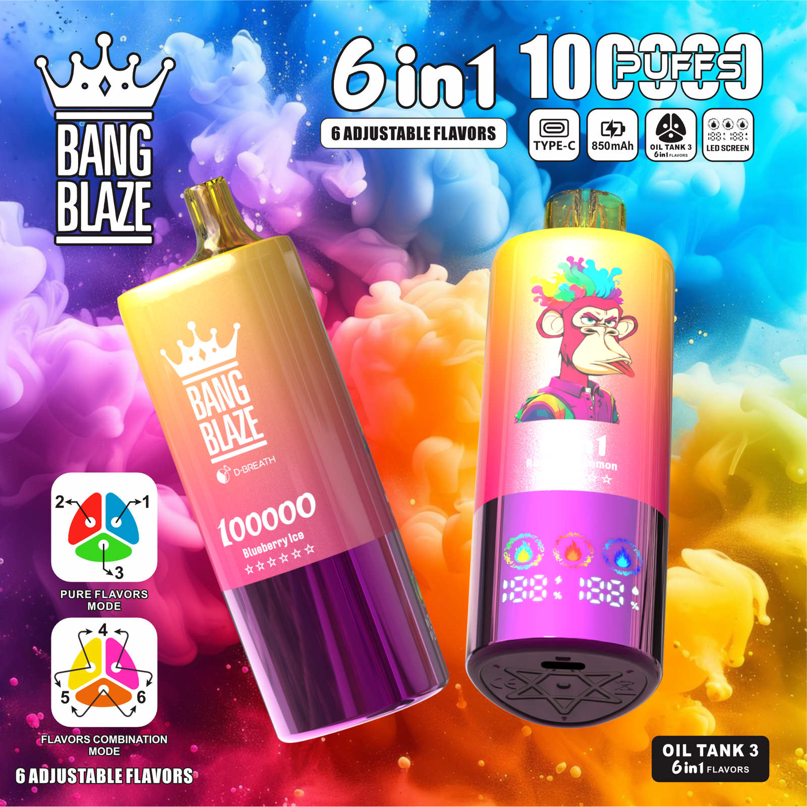 Bang Blaze 100000 100K Puffs 6 in 1 Flavors Newest Original Rechargeable LED Display Disposable Vape - Image 5