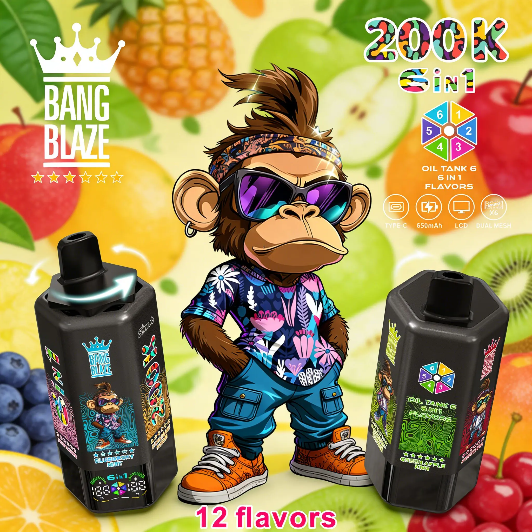 Bang Blaze 200000 200K Puffs 6 in 1 Flavors & 6 oil tanks Rechargeable LCD Display Disposable Vape - Image 2