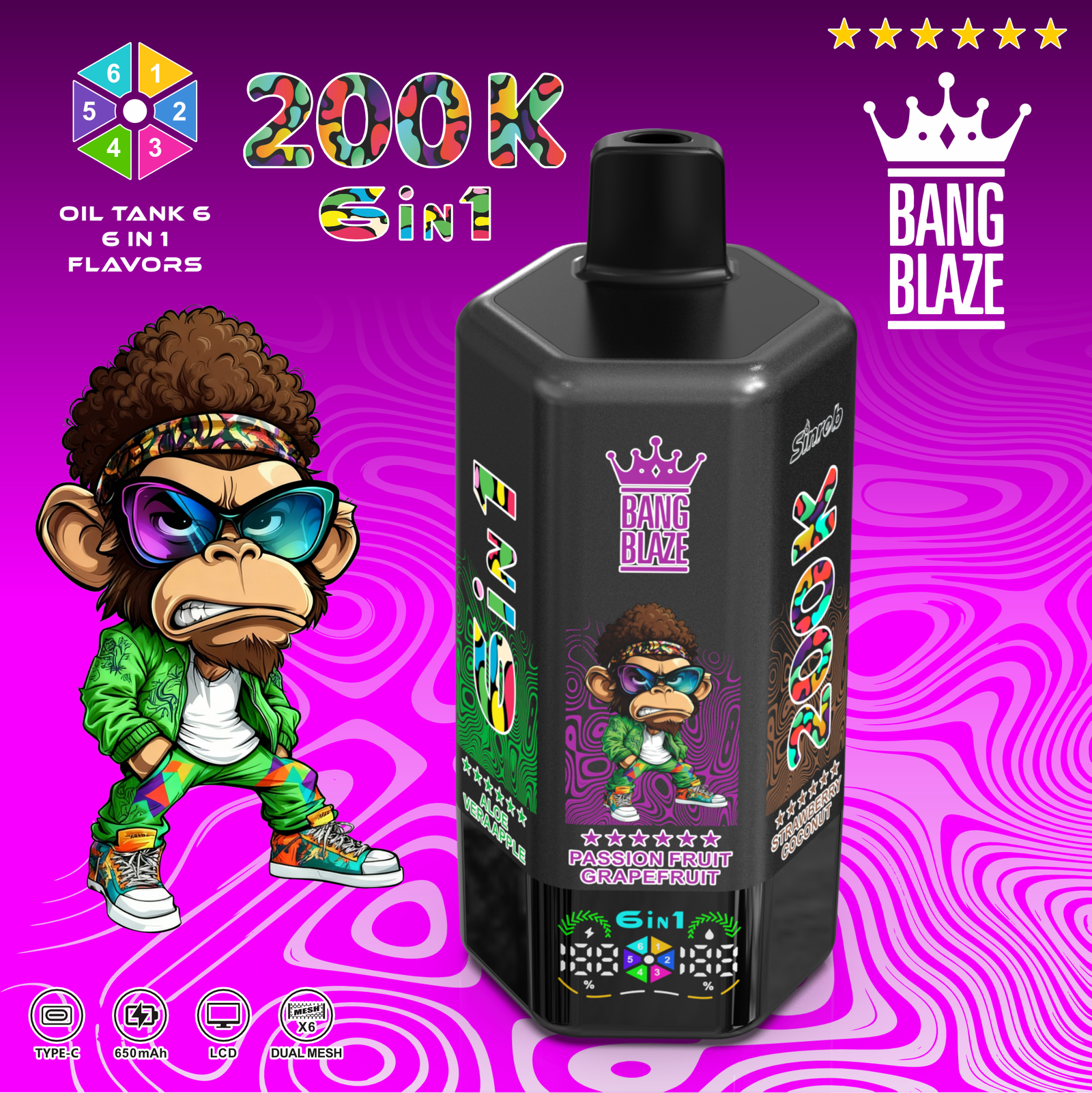 Bang Blaze 200000 200K Puffs 6 in 1 Flavors & 6 oil tanks Rechargeable LCD Display Disposable Vape - Image 5